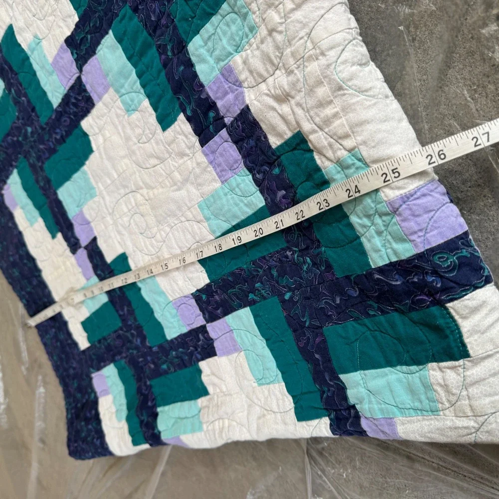 Handmade Vintage Quilt 76x54 Blue Teal Purple Log Cabin Patchwork Geometric 90s